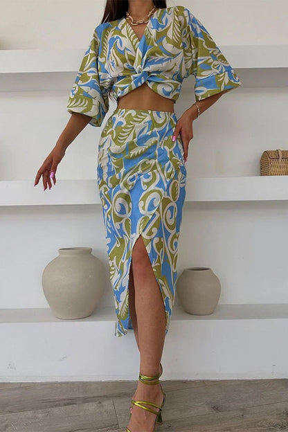 Sexy Casual Vacation Floral Print Slit V Neck Half Sleeve Two Pieces