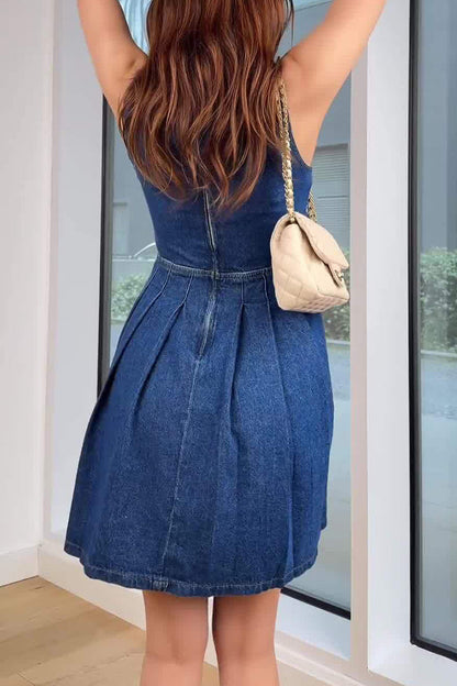 Casual Solid Color Hollow Out Ruched Zipper O Neck Sleeveless Denim Dresses