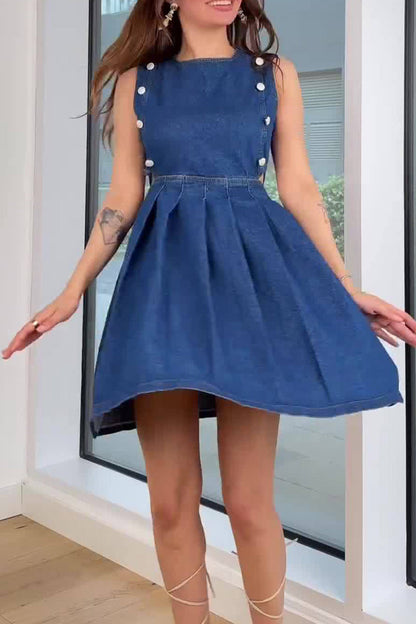 Casual Solid Color Hollow Out Ruched Zipper O Neck Sleeveless Denim Dresses