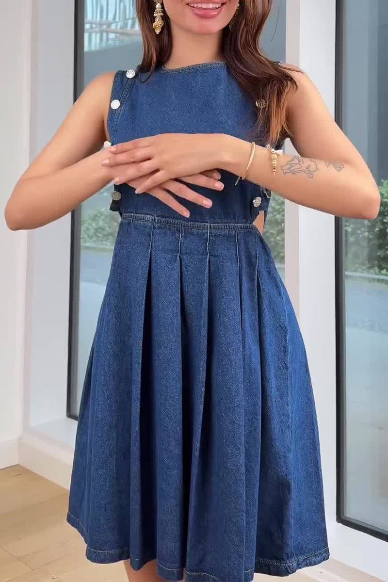 Casual Solid Color Hollow Out Ruched Zipper O Neck Sleeveless Denim Dresses