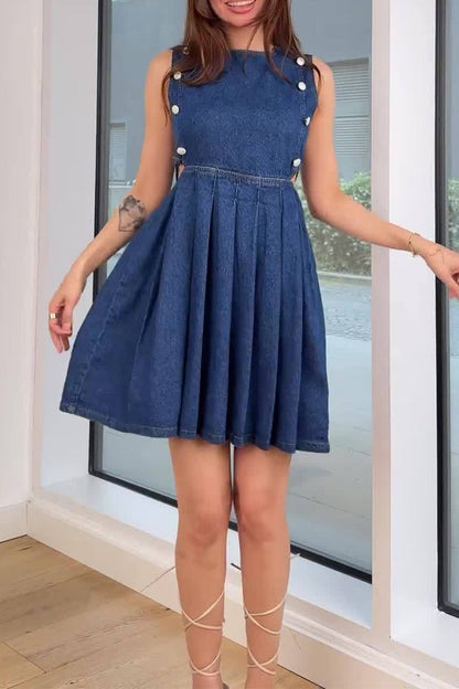 Casual Solid Color Hollow Out Ruched Zipper O Neck Sleeveless Denim Dresses