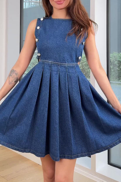 Casual Solid Color Hollow Out Ruched Zipper O Neck Sleeveless Denim Dresses