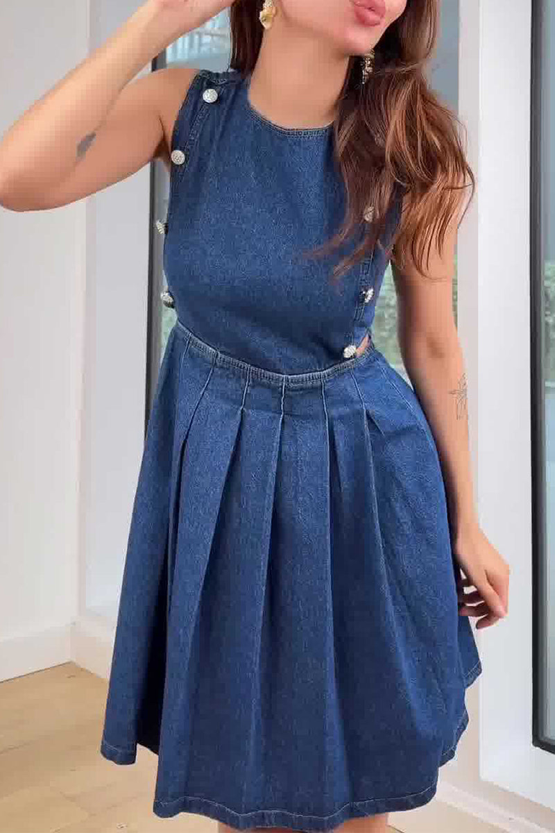 Casual Solid Color Hollow Out Ruched Zipper O Neck Sleeveless Denim Dresses