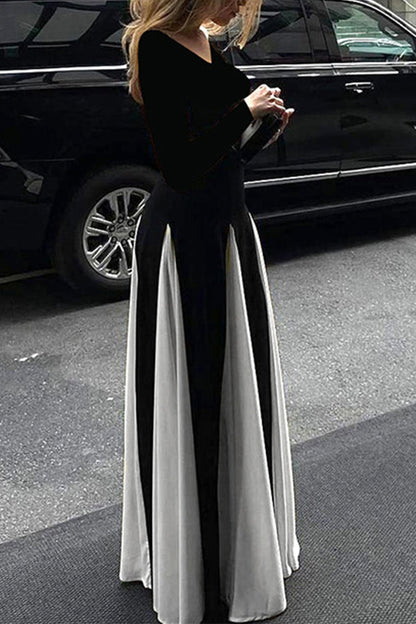 Elegant Solid Color Patchwork Contrast V Neck Long Dresses