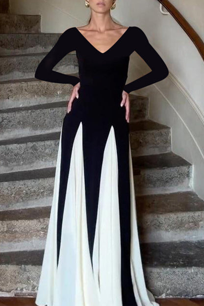 Elegant Solid Color Patchwork Contrast V Neck Long Dresses