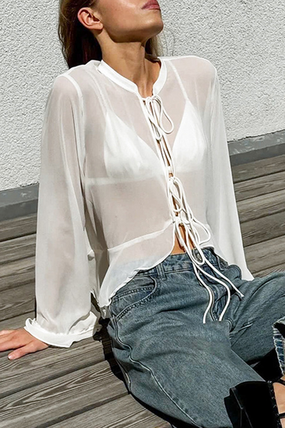 Casual Solid Color Lace Up See-Through Mandarin Collar Tops