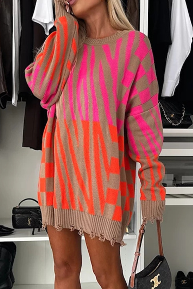 Casual Stripe Irregular Weave Contrast O Neck Tops