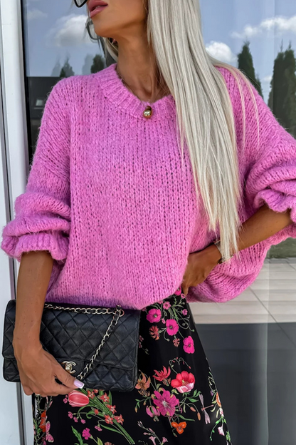 Casual Solid Color Ruffle Weave O Neck Tops