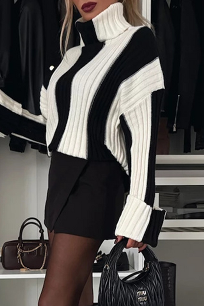 Casual Stripe Weave Contrast Turtleneck Tops