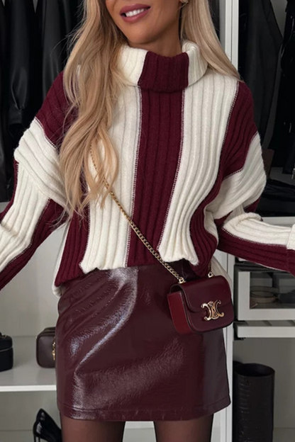 Casual Stripe Weave Contrast Turtleneck Tops