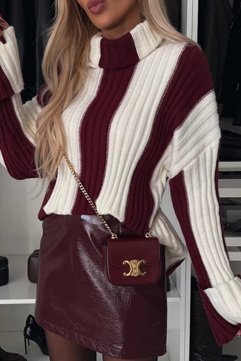 Casual Stripe Weave Contrast Turtleneck Tops