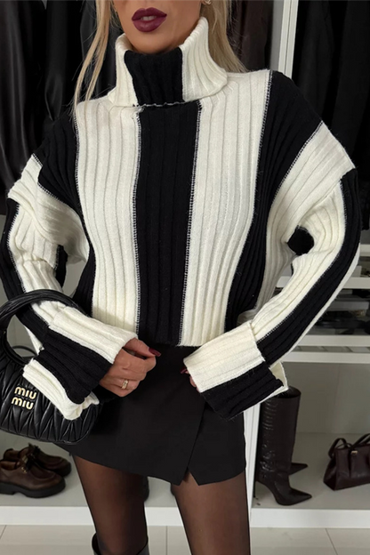 Casual Stripe Weave Contrast Turtleneck Tops