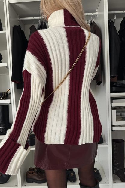 Casual Stripe Weave Contrast Turtleneck Tops