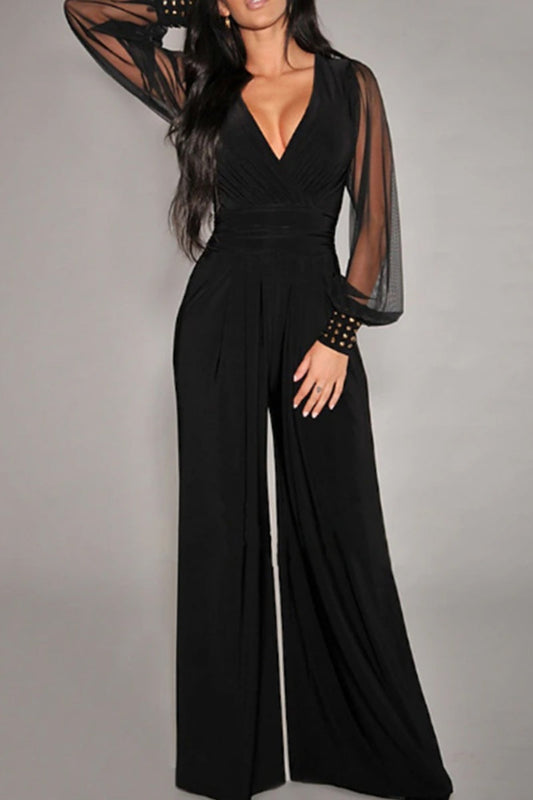 Casual Solid Color See-Through V Neck Regular Jumpsuits