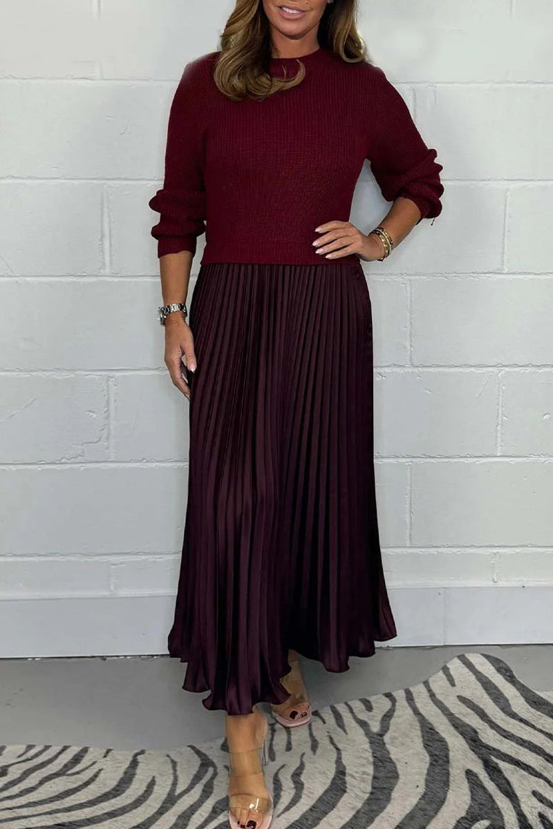 Casual Solid Color Patchwork Contrast O Neck Long Dresses