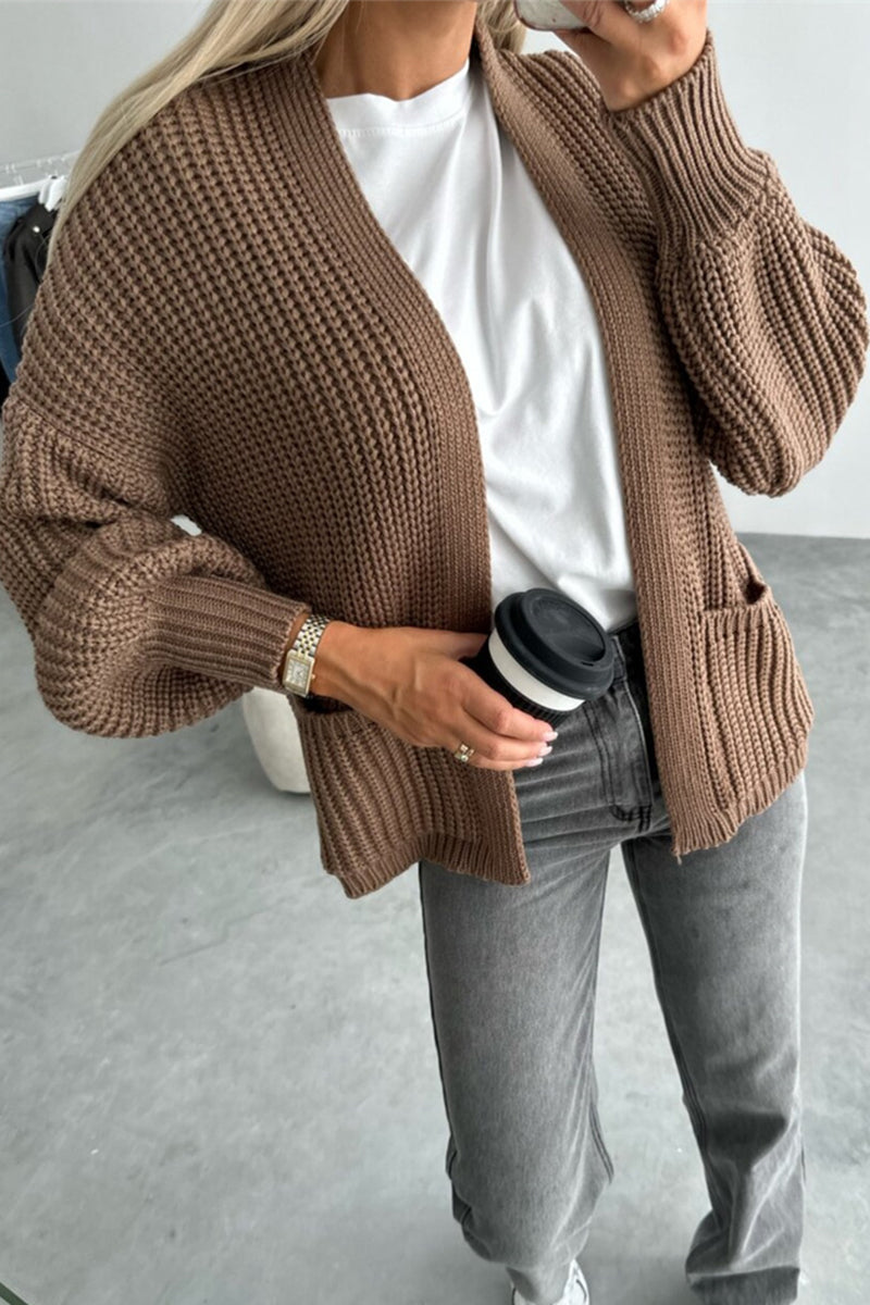 Casual Solid Color Pocket Weave V Neck Outerwear