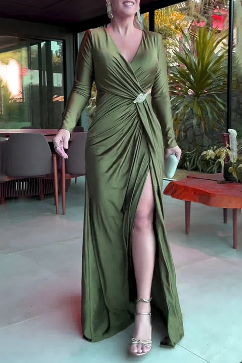 Prom Elegant Solid Color Hollow Out Slit Ruched V Neck Evening Dresses