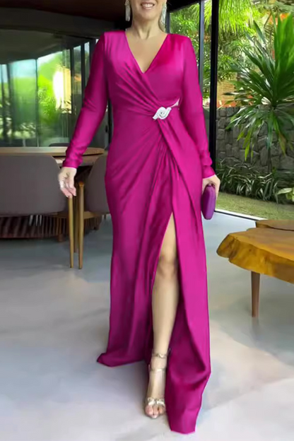 Prom Elegant Solid Color Hollow Out Slit Ruched V Neck Evening Dresses