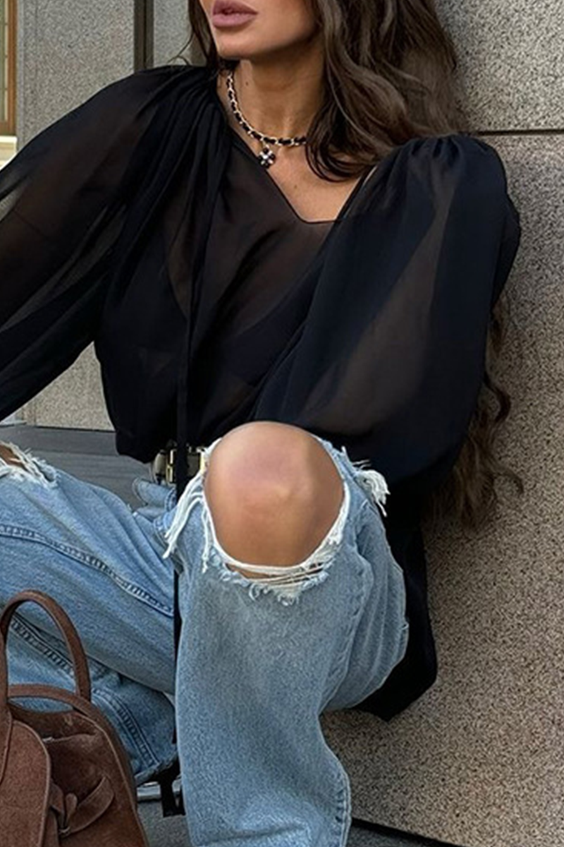 Casual Solid Color Lace Up See-Through V Neck Tops