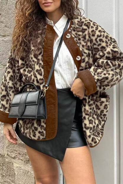 Casual Leopard Pocket Buttons Patchwork O Neck Outerwear