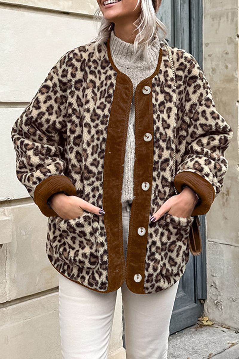 Casual Leopard Pocket Buttons Patchwork O Neck Outerwear