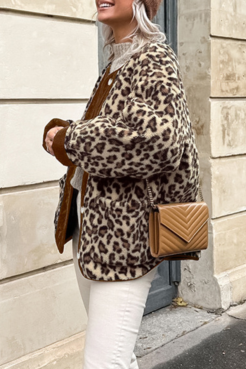 Casual Leopard Pocket Buttons Patchwork O Neck Outerwear