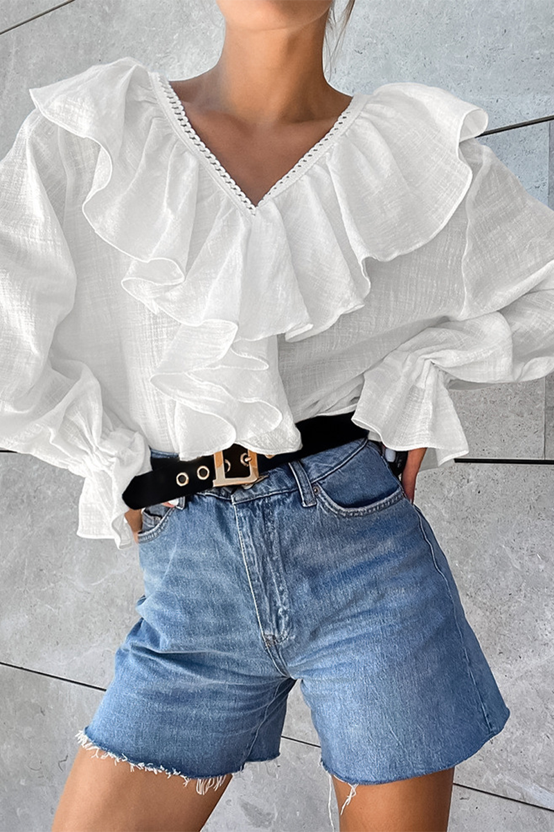 Casual Solid Color Ruffle V Neck Tops