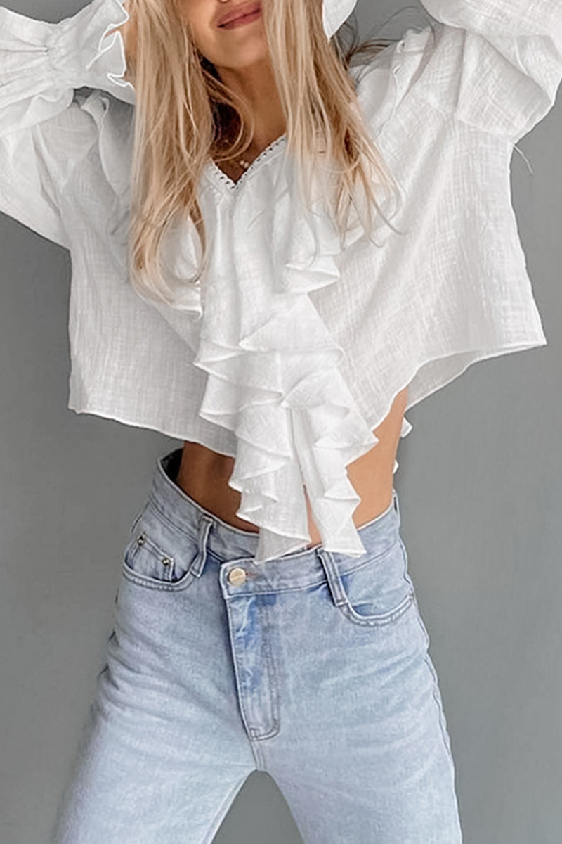 Casual Solid Color Ruffle V Neck Tops