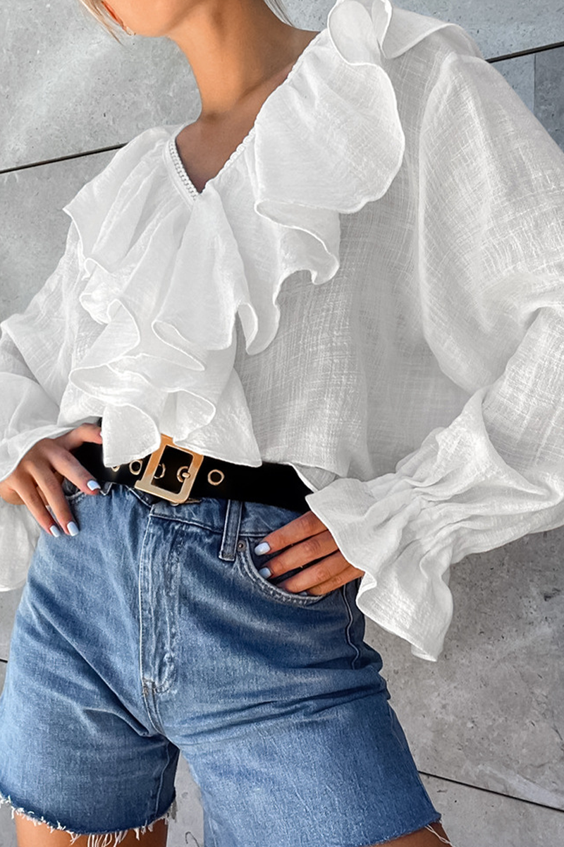 Casual Solid Color Ruffle V Neck Tops