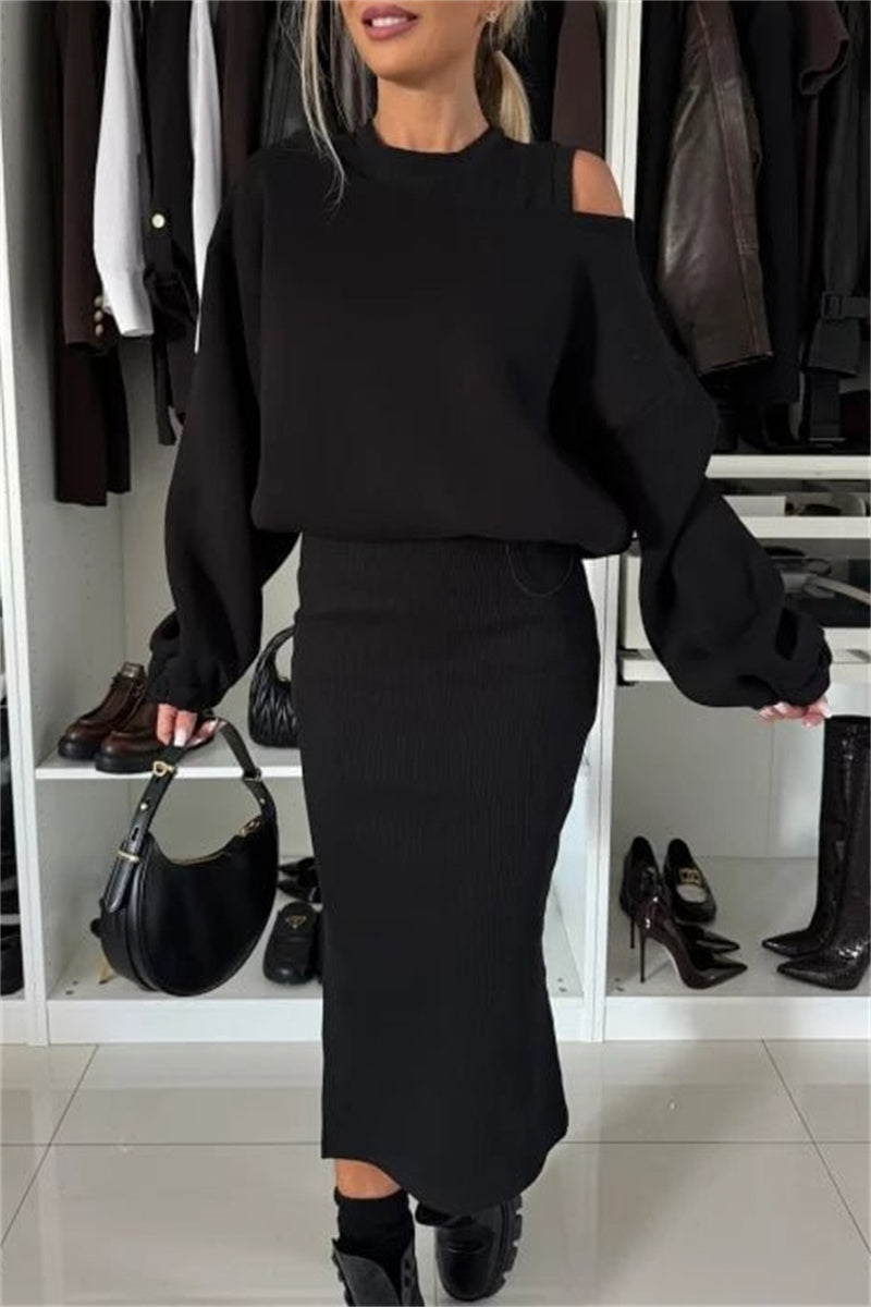 Casual Slit O Neck Long Sleeve Two Pieces(4 Colors)