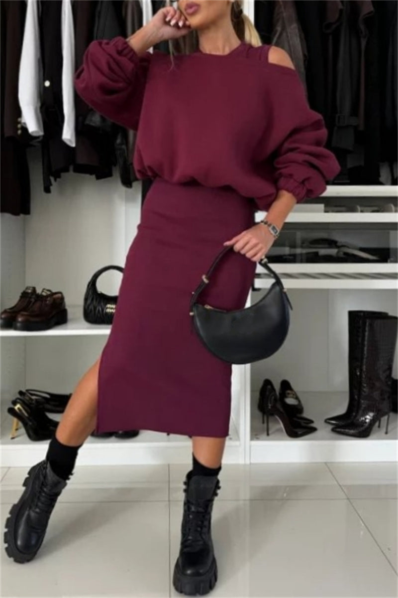 Casual Slit O Neck Long Sleeve Two Pieces(4 Colors)