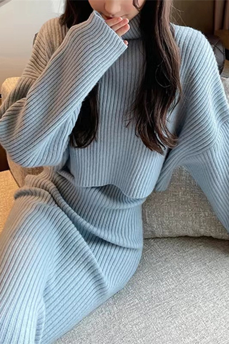 Elegant Solid Color Weave Potholes Turtleneck Long Sleeve Two Pieces