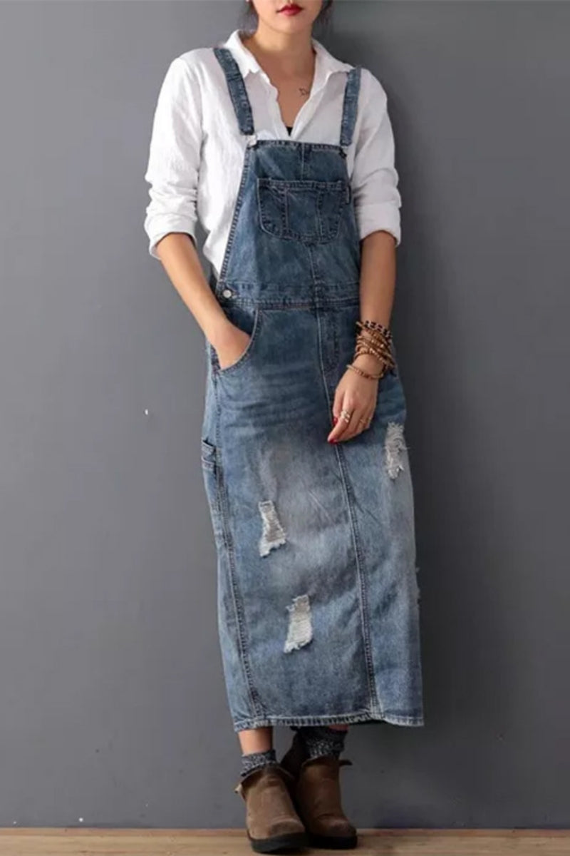 Casual Solid Color Ripped Pocket Backless Slit Spaghetti Strap SleevelessDenim Dresses