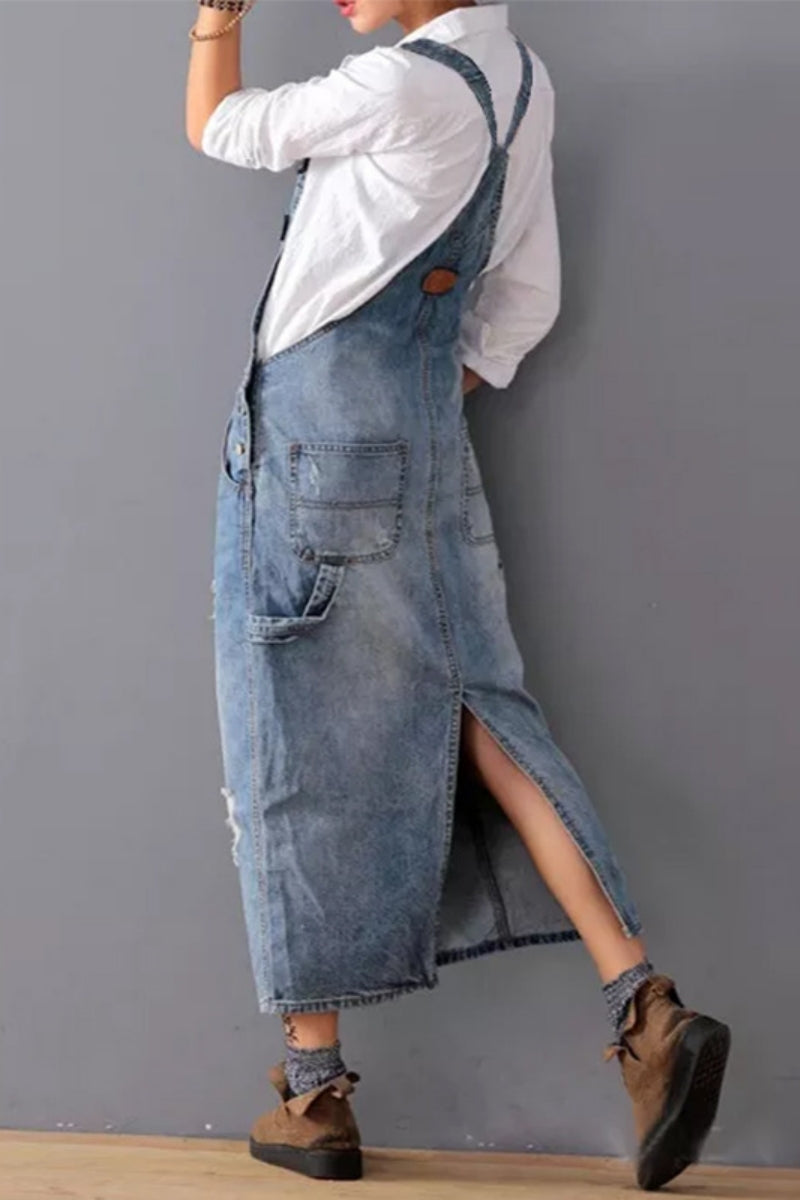 Casual Solid Color Ripped Pocket Backless Slit Spaghetti Strap SleevelessDenim Dresses