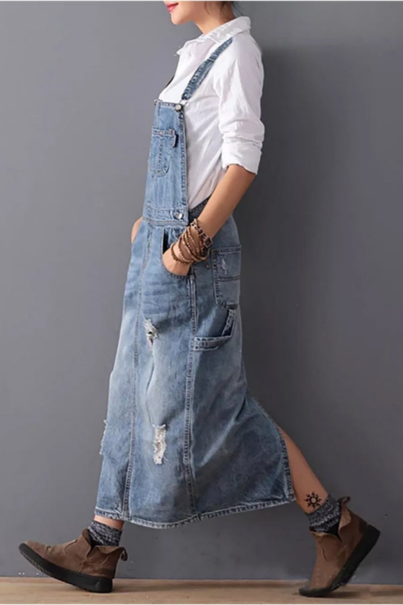 Casual Solid Color Ripped Pocket Backless Slit Spaghetti Strap SleevelessDenim Dresses