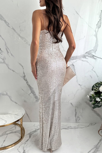 Sexy Solid Color Sequins Slit V Neck Evening Dresses