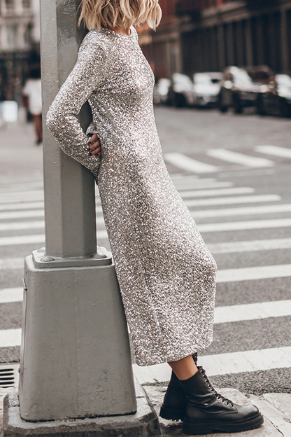 Casual Street Solid Color Sequins Backless O Neck Long Sleeve Dresses