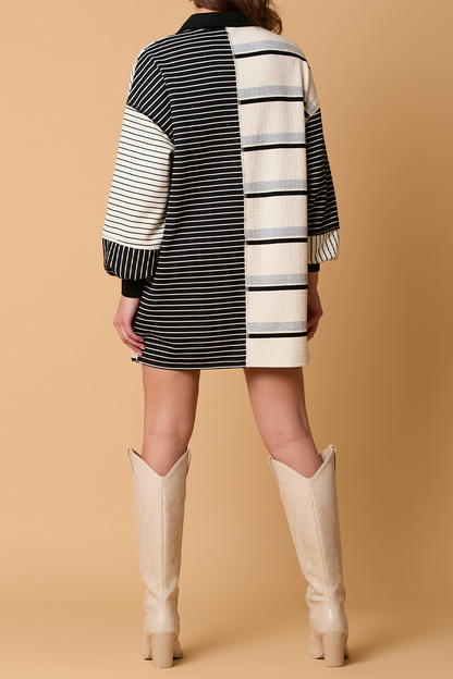 Casual Stripe Pocket Patchwork Contrast Turndown Collar Long Sleeve Dresses