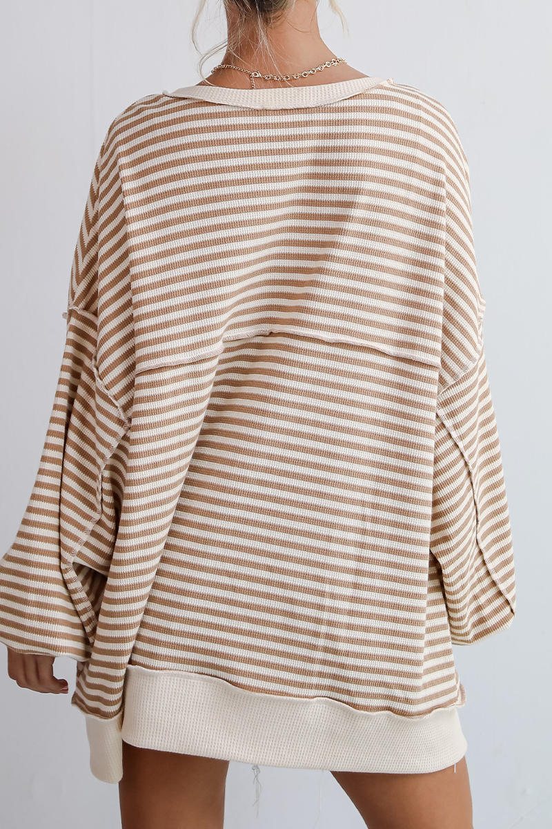 Casual Stripe Buckle Patchwork Contrast O Neck Tops