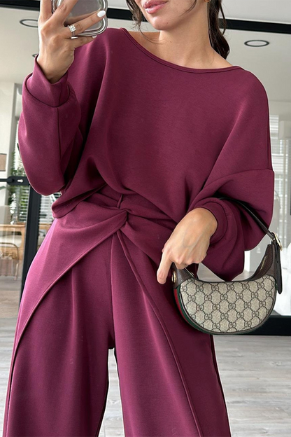 Casual Solid Color Pocket Backless O Neck Long Sleeve Two Pieces