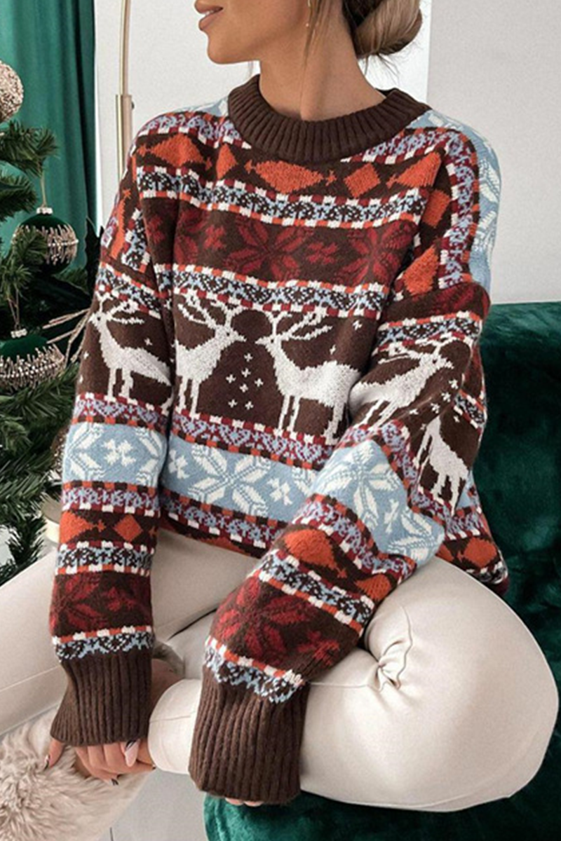 Casual Wapiti Snowflakes Weave Contrast O Neck Tops