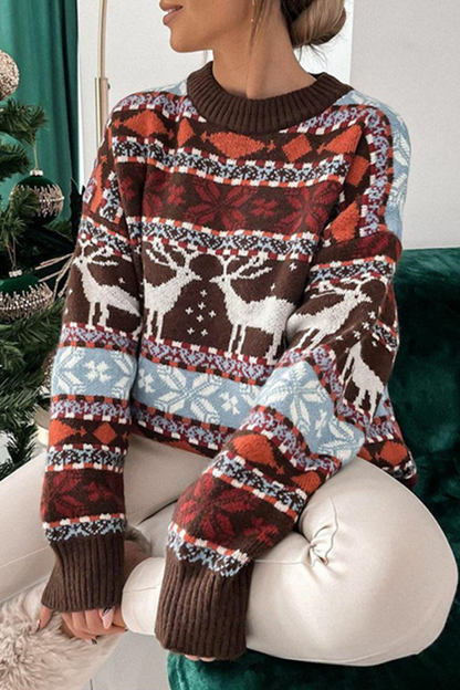 Casual Wapiti Snowflakes Weave Contrast O Neck Tops