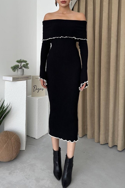 Sexy Solid Color Patchwork Contrast Potholes Off Shoulder One Step Skirt Dresses