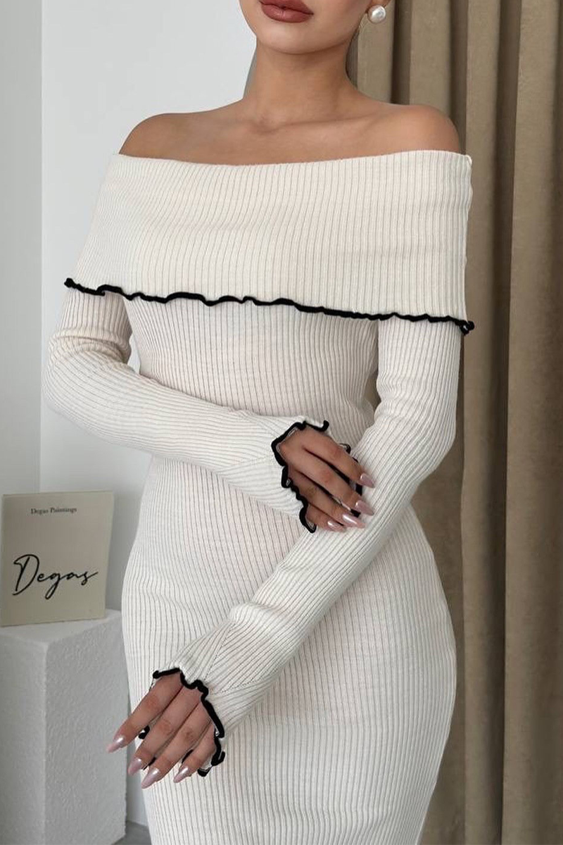 Sexy Solid Color Patchwork Contrast Potholes Off Shoulder One Step Skirt Dresses