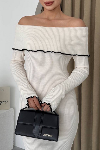 Sexy Solid Color Patchwork Contrast Potholes Off Shoulder One Step Skirt Dresses