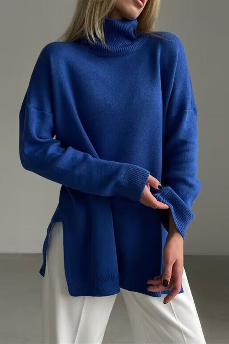 Casual Solid Color Slit Turtleneck Tops