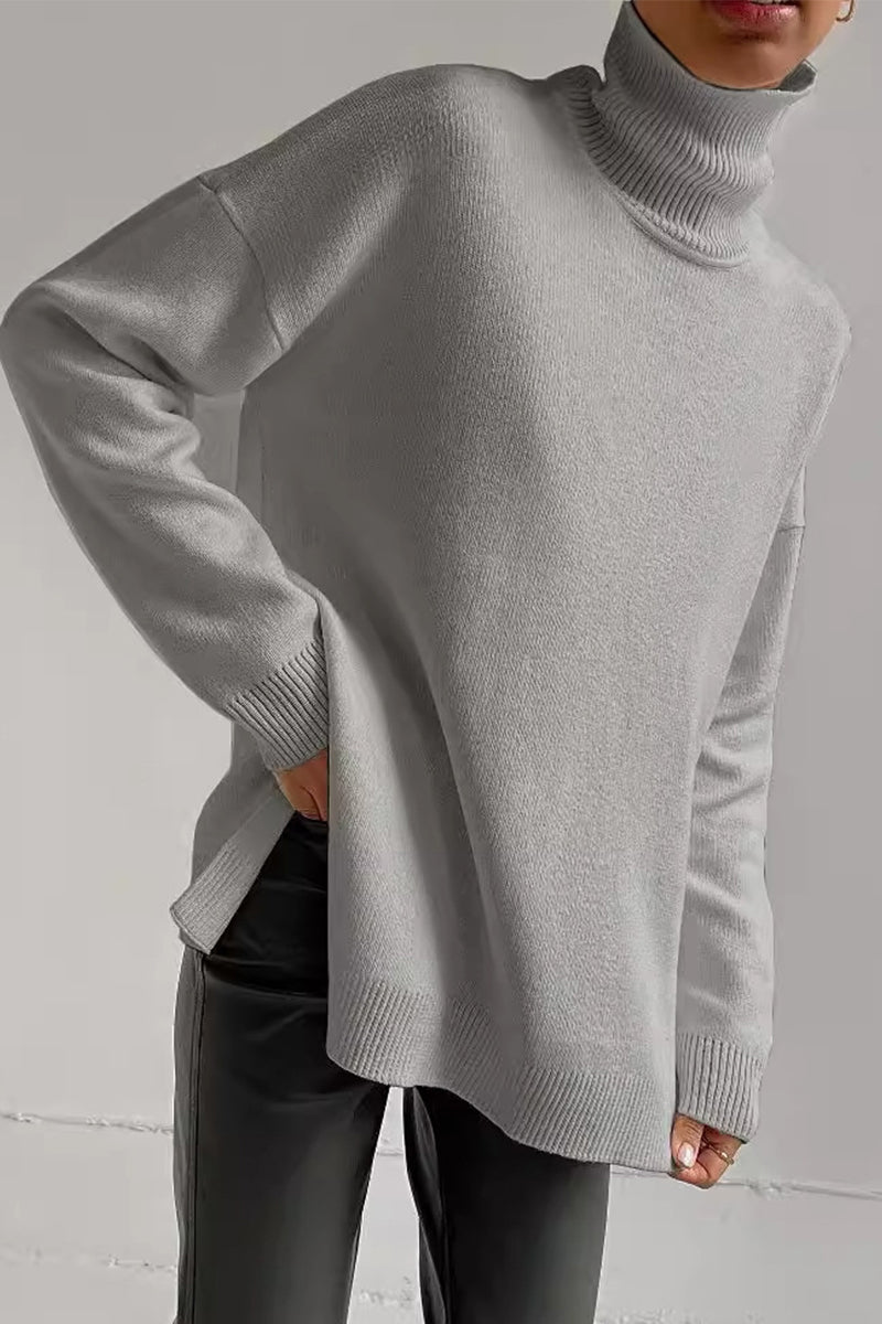 Casual Solid Color Slit Turtleneck Tops