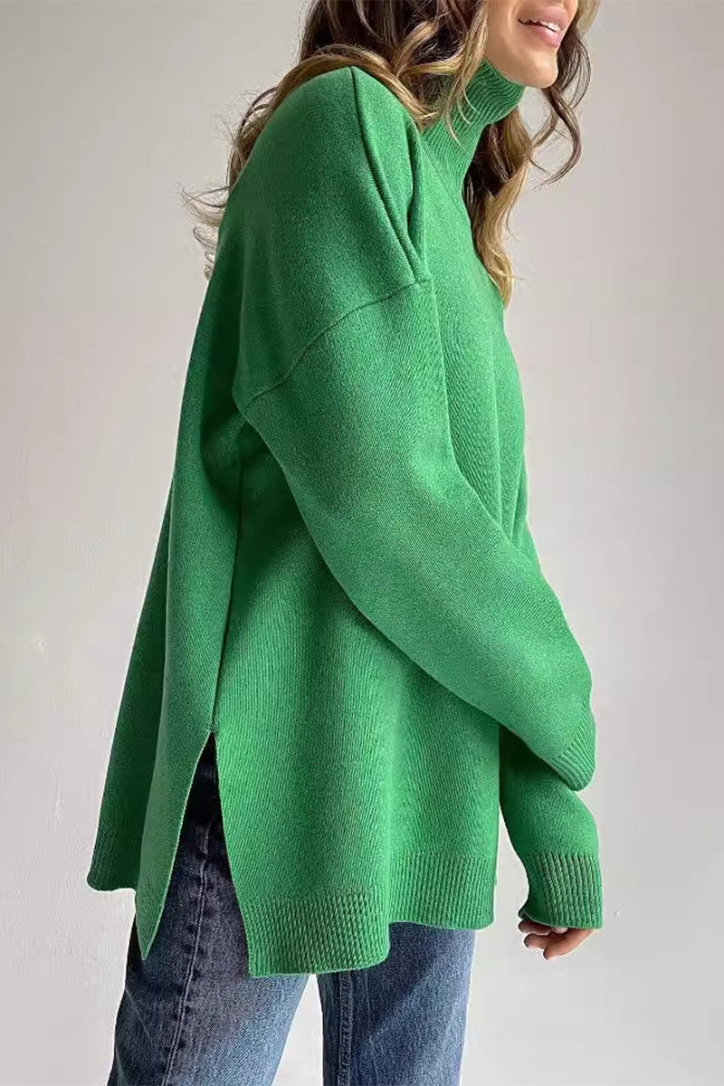 Casual Solid Color Slit Turtleneck Tops