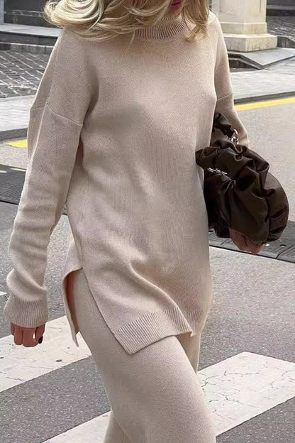 Casual Solid Color Slit Turtleneck Tops