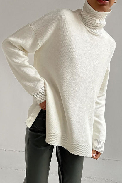 Casual Solid Color Slit Turtleneck Tops